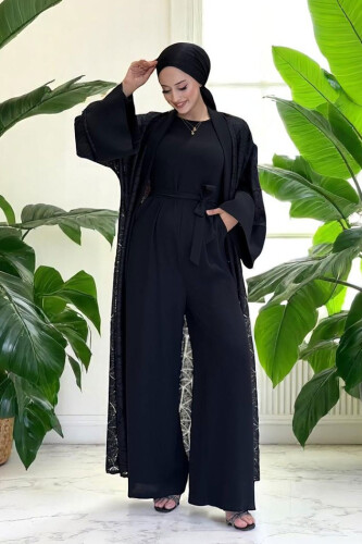 Lace Abaya Waist Belted Pocket Detailed Jumpsuit Suit 3782 Black - Bym Fashion
