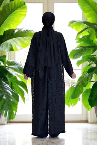 Lace Abaya Waist Belted Pocket Detailed Jumpsuit Suit 3782 Black - Bym Fashion (1)