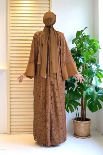 Dantel Abaya Bel Kuşaklı Cep Detaylı Tulum Takım 3782 Taba - Bym Fashion (1)