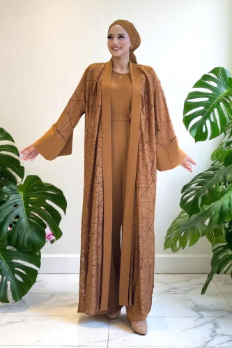 Lace Abaya Waist Belted Pocket Detailed Jumpsuit Set 3782 Taba - Bym Fashion