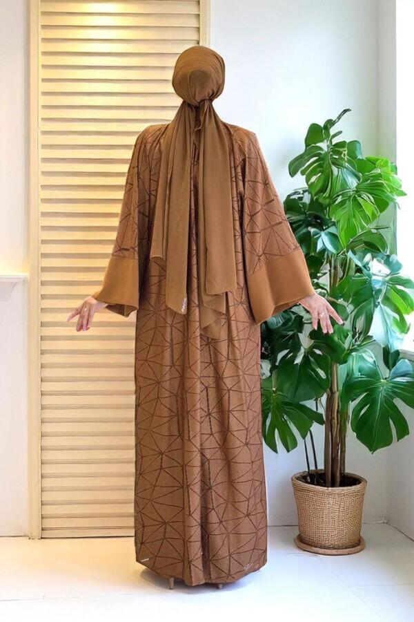 Dantel Abaya Bel Kuşaklı Cep Detaylı Tulum Takım 3782 Taba - 2