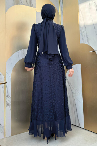 Dantel Görünümlü Şifon Fırfır Detay Elbise 3783 Lacivert - Bym Fashion (1)