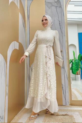 Lace Look Chiffon Ruffle Detailed Dress 3783 Stone - Bym Fashion