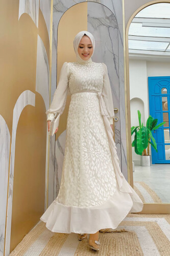 Lace Look Chiffon Ruffle Detailed Dress 3783 Stone - Bym Fashion (1)