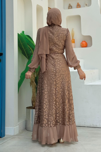 Lace Look Chiffon Ruffle Detail Dress 3783 Mink - Bym Fashion (1)