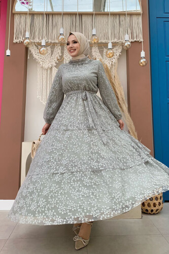 Lace Tiered Detailed Sleeve Cuffs Elastic Belted Lined Dress 3614 Mint - Bym Fashion (1)