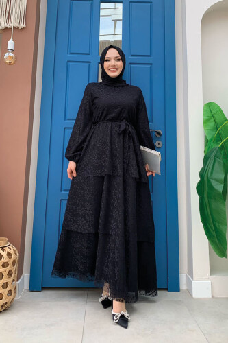 Lace Tiered Detailed Sleeve Cuffs Elastic Belted Lined Dress 3614 Black - Bym Fashion (1)