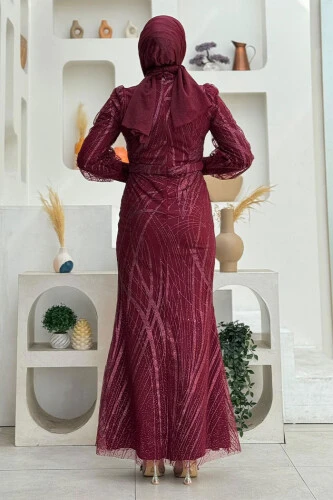 Desenli Bel Kemerli Balık Abiye Elbise 1139 Bordo - Bym Fashion (1)