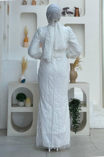 Desenli Bel Kemerli Balık Abiye Elbise 1139 Ekru - Bym Fashion (1)