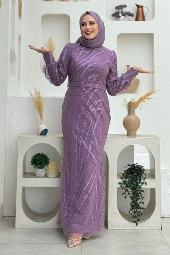 Desenli Bel Kemerli Balık Abiye Elbise 1139 Lila - Bym Fashion
