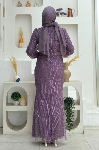 Desenli Bel Kemerli Balık Abiye Elbise 1139 Lila - Bym Fashion (1)