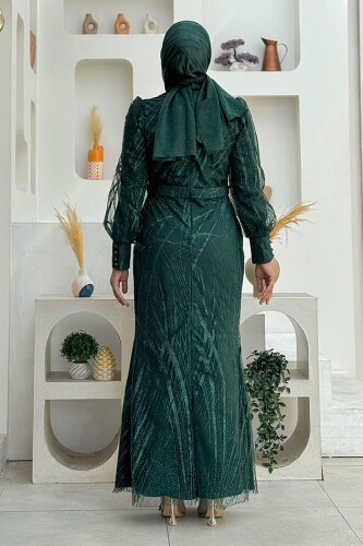 Desenli Bel Kemerli Balık Abiye Elbise 1139 Zümrüt - Bym Fashion (1)