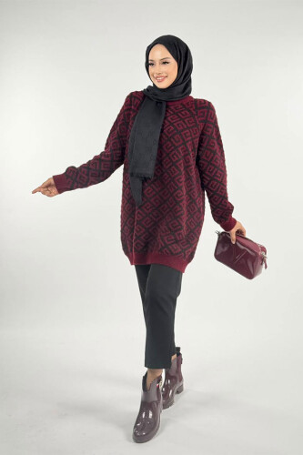 Desenli Bisiklet Yaka Tunik 18326 Bordo - Bym Fashion