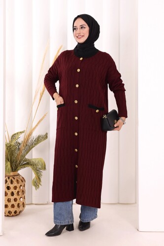 Desenli Triko Hırka 18207 Mürdüm - Bym Fashion