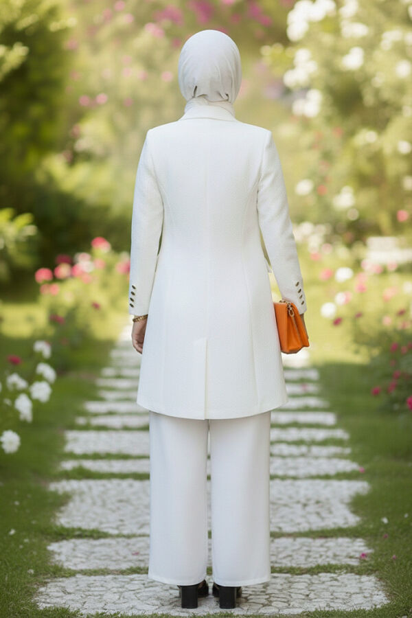 Düğme Detay Blazer Ceket Bol Pantolon Takım 8302 Ekru - 6