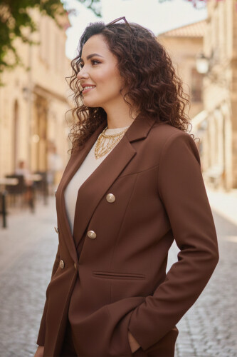 Düğme Detay Blazer Ceket Bol Pantolon Takım 8302 Kahverengi - 7