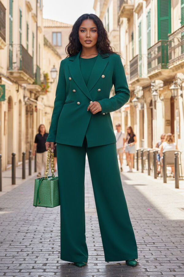 Düğme Detay Blazer Ceket Bol Pantolon Takım 8302 Zümrüt - 5