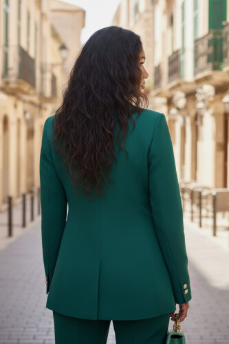 Düğme Detay Blazer Ceket Bol Pantolon Takım 8302 Zümrüt - 7