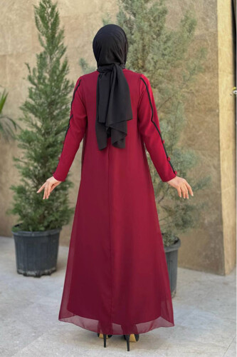 Düğme Detaylı Elbise 3919 Bordo - Bym Fashion (1)