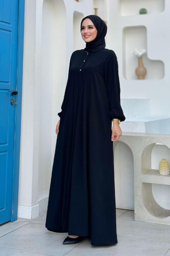 Düğme Detaylı Elbise 6028 Siyah - Bym Fashion (1)