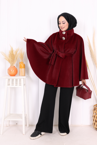 Düğme Detaylı Panço 70060 Bordo - Bym Fashion (1)