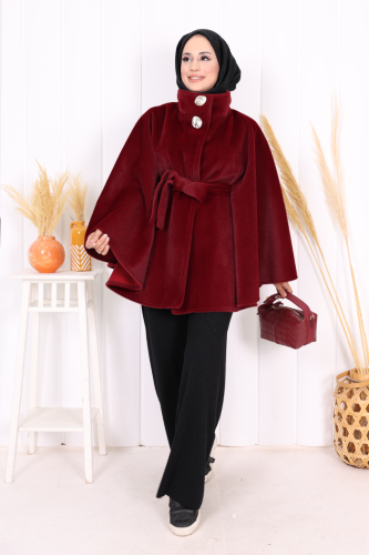 Düğme Detaylı Panço 70060 Bordo - Bym Fashion