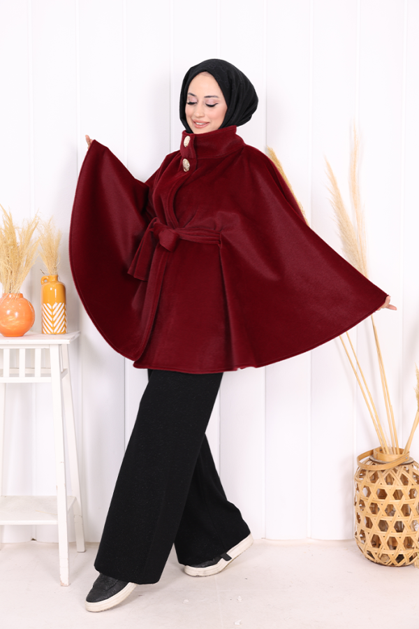 Düğme Detaylı Panço 70060 Bordo - 3