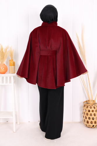 Düğme Detaylı Panço 70060 Bordo - 5