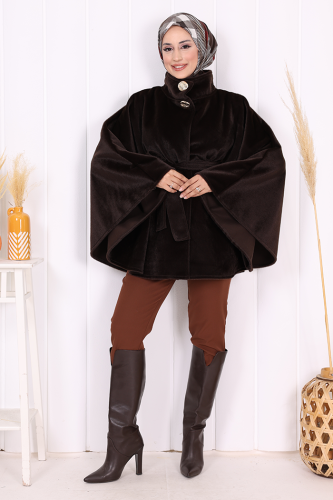 Düğme Detaylı Panço 70060 Koyu Kahve - Bym Fashion (1)