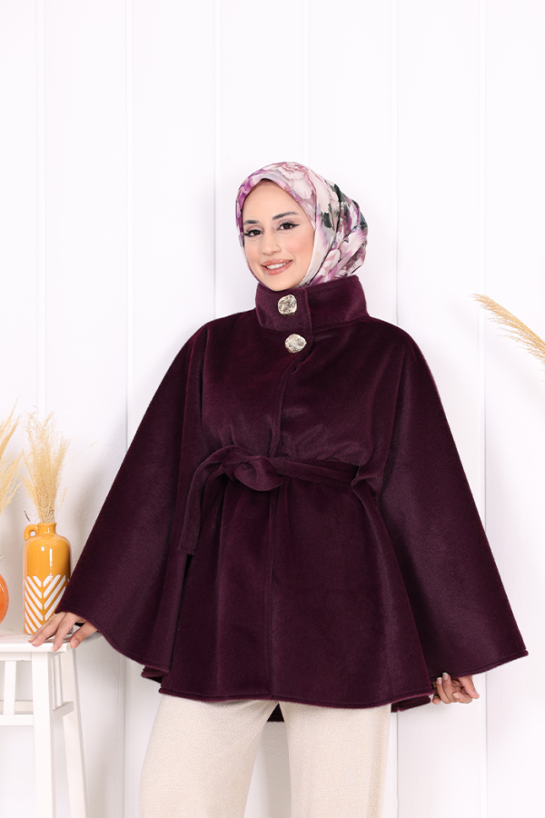 Düğme Detaylı Panço 70060 Mor - 5