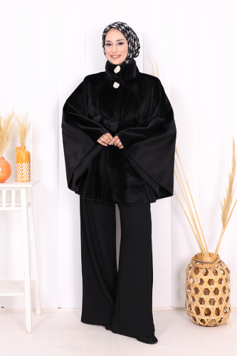 Düğme Detaylı Panço 70060 Siyah - Bym Fashion