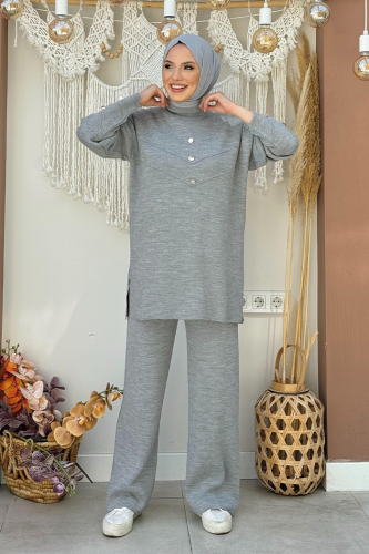 Düğme Detaylı Tunik Ve Pantolon İkili Triko Takım 2-1530 Gri - 3