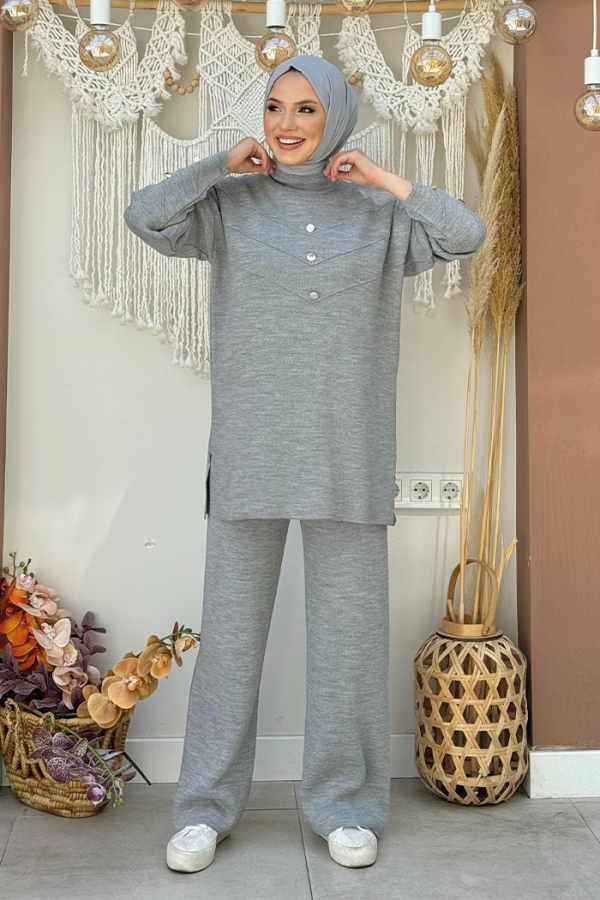 Düğme Detaylı Tunik Ve Pantolon İkili Triko Takım 2-1530 Gri - 3