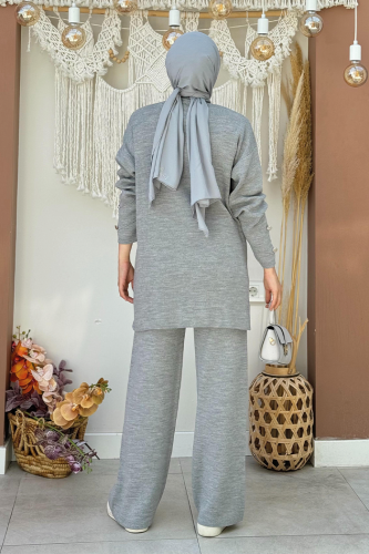Düğme Detaylı Tunik Ve Pantolon İkili Triko Takım 2-1530 Gri - 4