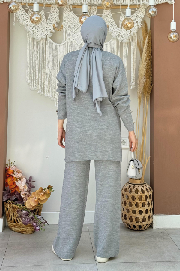 Düğme Detaylı Tunik Ve Pantolon İkili Triko Takım 2-1530 Gri - 4