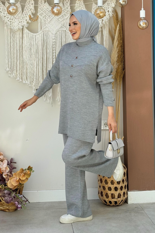 Düğme Detaylı Tunik Ve Pantolon İkili Triko Takım 2-1530 Gri - 5