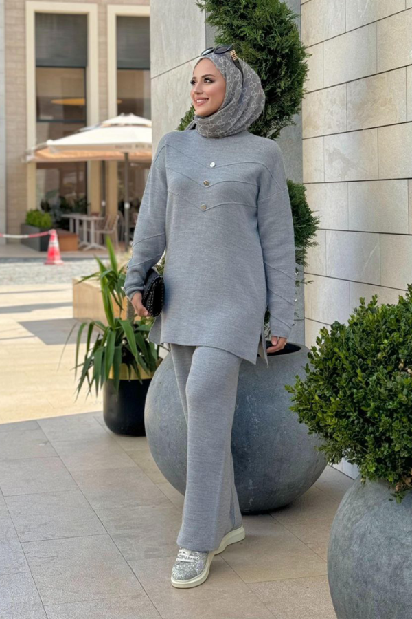Düğme Detaylı Tunik Ve Pantolon İkili Triko Takım 2-1530 Gri - 2