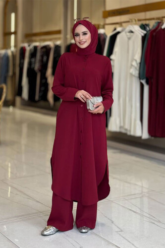 Düğmeli Cepli Tunik ve Pantolon İkili Takım 8682 Bordo - 1