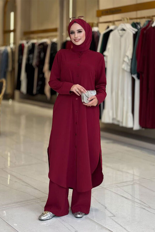 Düğmeli Cepli Tunik ve Pantolon İkili Takım 8682 Bordo - 1