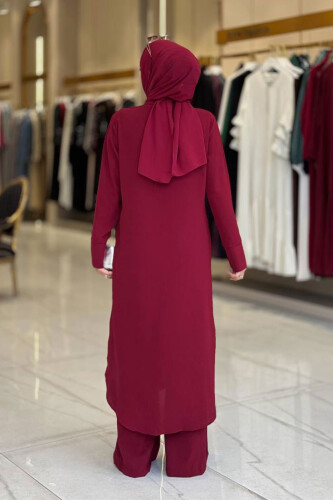Düğmeli Cepli Tunik ve Pantolon İkili Takım 8682 Bordo - 2