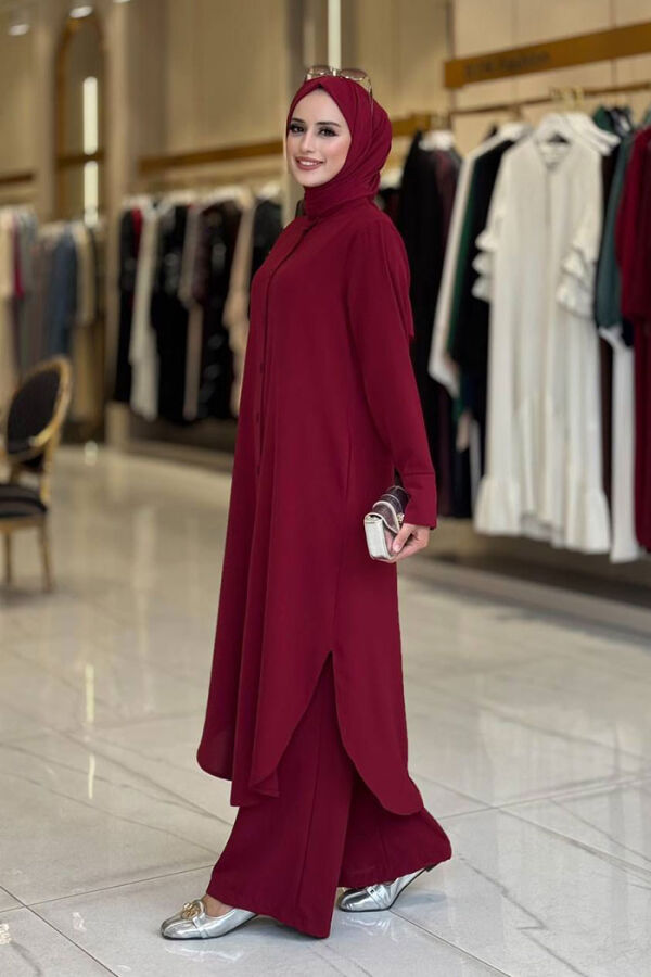 Düğmeli Cepli Tunik ve Pantolon İkili Takım 8682 Bordo - 3