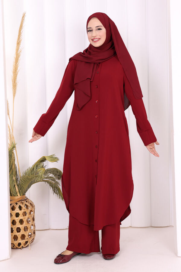 Düğmeli Cepli Tunik ve Pantolon İkili Takım 8682 Bordo - 5