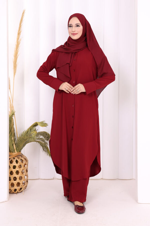 Düğmeli Cepli Tunik ve Pantolon İkili Takım 8682 Bordo - 6
