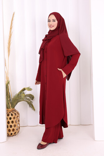 Düğmeli Cepli Tunik ve Pantolon İkili Takım 8682 Bordo - 7