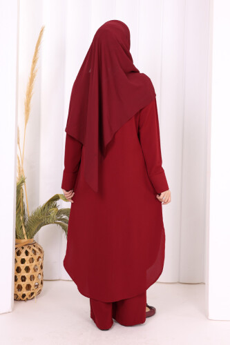 Düğmeli Cepli Tunik ve Pantolon İkili Takım 8682 Bordo - 8