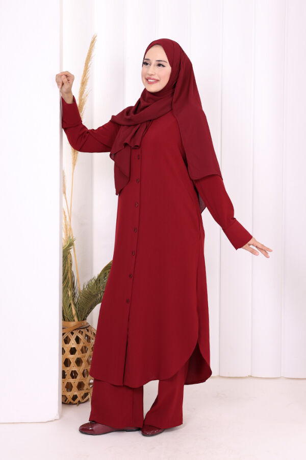 Düğmeli Cepli Tunik ve Pantolon İkili Takım 8682 Bordo - 9