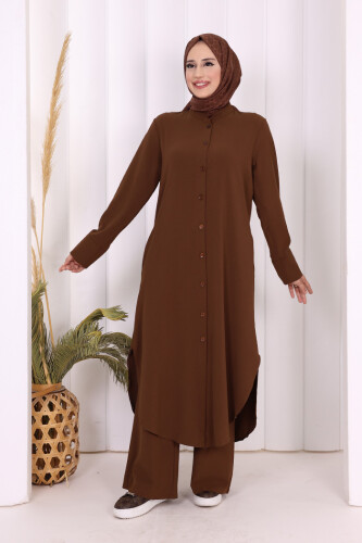 Düğmeli Cepli Tunik ve Pantolon İkili Takım 8682 Kahverengi - 5