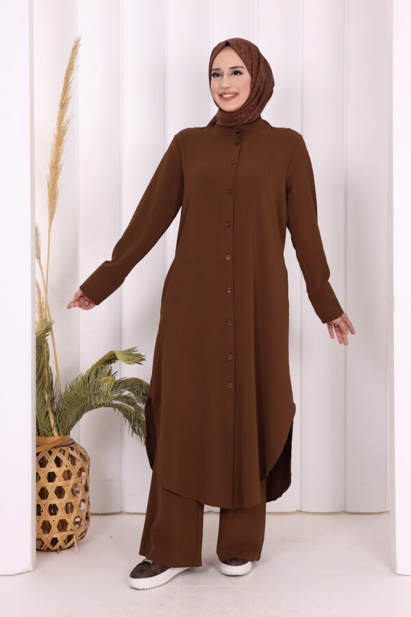 Düğmeli Cepli Tunik ve Pantolon İkili Takım 8682 Kahverengi - 5