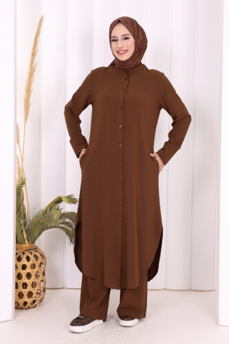 Düğmeli Cepli Tunik ve Pantolon İkili Takım 8682 Kahverengi - 6