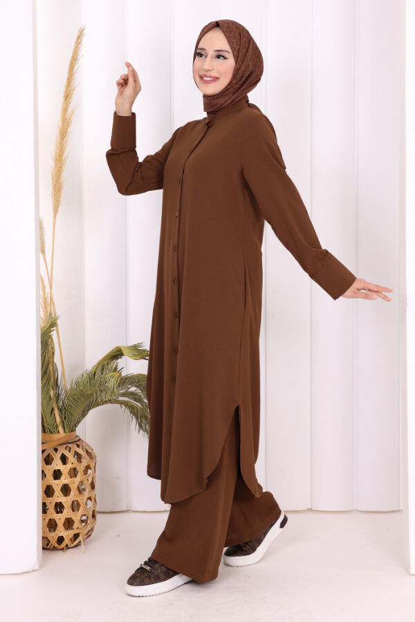 Düğmeli Cepli Tunik ve Pantolon İkili Takım 8682 Kahverengi - 7